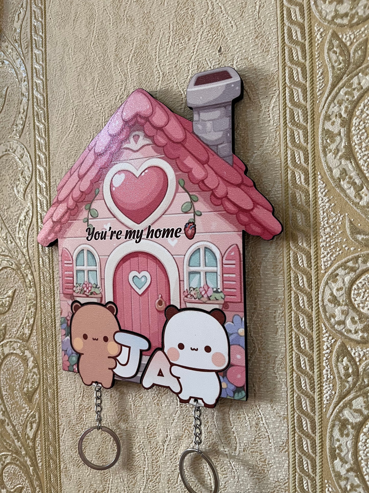 You're My Home - Pink Cottage Dudu Bubu Wooden Keychain Holder